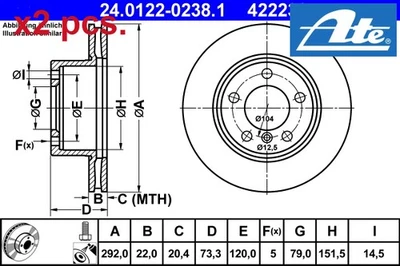 X2 PCS FRONT BRAKE DISC SET LEFT & RIGHT 24.0122-0238.1 ATE I - Image 1 of 3