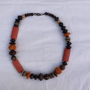 Orange & Brown Chunky Wooden Bead Vintage Necklace - Picture 1 of 7