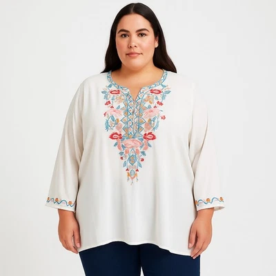 C&C California Tunic Top 2X White Embroidered Boho Floral Rayon Flowy Blouse - Image 1 of 4