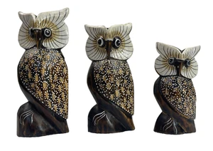 3 x Búhos Pintados a Mano Madera Tallada Marrón Blanco Decoración del Hogar 22cm 19cm 16cm - Imagen 1 de 7