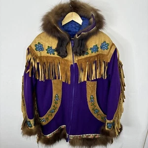 Vintage Indigenous Canadian Métis Beaded Tassels Wool Coat Fur Woman XL Damaged - Picture 1 of 11