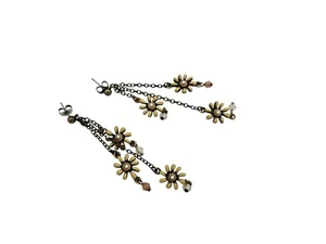 Vintage Antique Brass Tone Drop/Dangle Enamel Flower Earrings w/ Beads - Picture 1 of 4