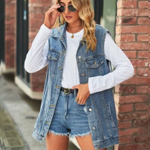 Ladies Oversized Denim Gilet Jacket Baggy Waistcoat Jeans Coat Sleeveless Casual - Picture 1 of 37