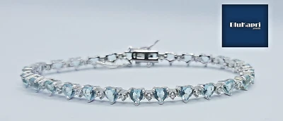 Bracciale donna tennis in argento 925 con cuori zirconi acquamarina e  bianchi - Immagine 1 di 4