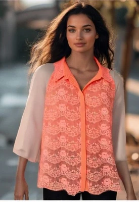 Ted Baker Lace Button Up Sheer Back Collar 3/4 Sleeve Orange Size Large 10-12 - Image 1 of 4