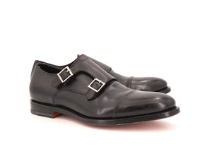 WORN 1x | $950 SANTONI GOODYEAR BLACK LEATHER 7.5 D CAPTOE DOUBLE MONK STRAP - Picture 1 of 15