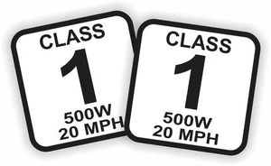 pair 1.5" Square Class 1 E-Bike White Stickers Electric Bike Decals 500W 20 MPH - Picture 1 of 1