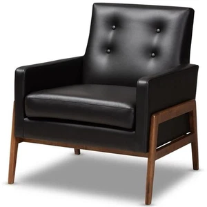 Bowery Hill Faux Leather Lounge Chair in Black and Walnut - Picture 1 of 9