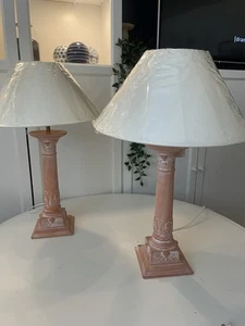 Pair 90s Terracotta Column Lamps Classic Corinthian Table Lights Vintage - Picture 1 of 5
