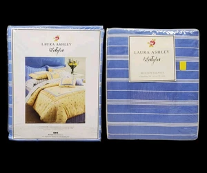 2 Laura Ashley Lifestyles Blouson Window Valance Curtains Blue Buttercup Striped - Picture 1 of 5
