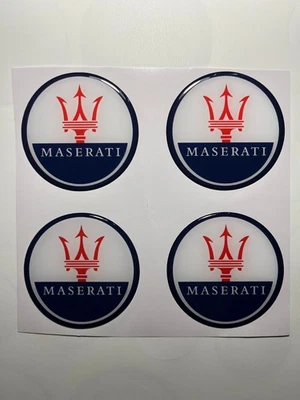 Juego de pegatinas para tapacubos Maserati - 4 calcomanías emblema tapa central resina abovedada 3D Foto 1 de 3