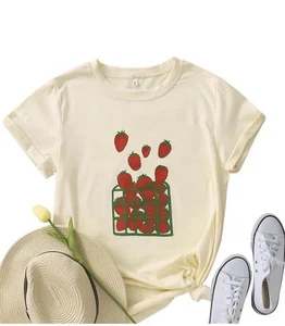 T-shirt donna manica corta grafica fragola colore avorio taglia large nuova con etichetta - Foto 1 di 5