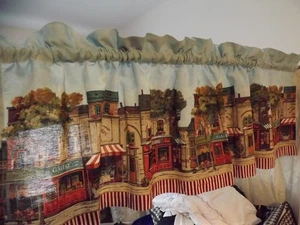 COTTON VALANCE 56Wx17" FRENCH VILLAGE SHOPS sky blue RED STRIPED HEM - Picture 1 of 10