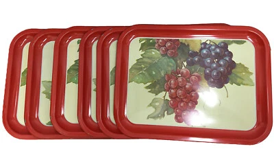 Mid Century Metal Serving Lap Trays Red Border With Grapes Lot of 6 - Image 1 of 4