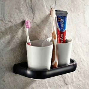 Oil Rubbed Brass Wall Mount Bathroom Toothbrush Holders Dual Ceramic Cup mba197 - Picture 1 of 5