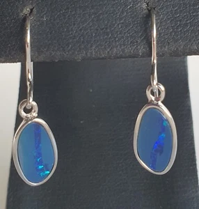 NEW Sterling Silver Opal Earrings Doublet Blue Dangle Hanging Shepards Hook 925 - Picture 1 of 6