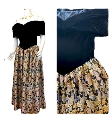 JESSICA McCLINTOCK Vintage Velvet & Brocade Off Shoulder Dress, Black & Gold, 10 - Image 1 of 4