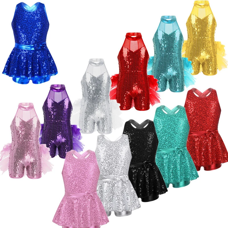 Kids Girls Sequin Gymnastic Leotard Sleeveless Ballet Dance Dress Jazz Dancewear - Image 1 of 1