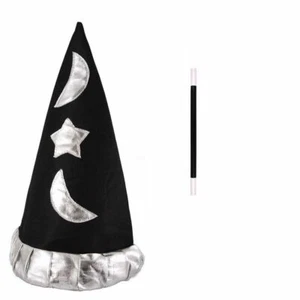 New Kids Magic Show Kit Black Silver Moon Wizard Witch Hat Star Wand Fancy Dress - Picture 1 of 4