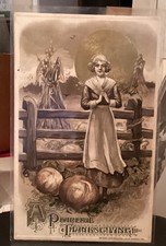 AN TIQUE  Postcard  Thanksgiving LADYIN FIELD WITH PUMPKI NS    Winsch Card