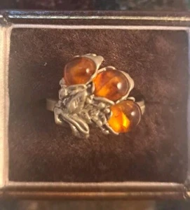 Sterling Silver 925 Triple Amber Art Nouveau Style Ring Size T - Picture 1 of 8