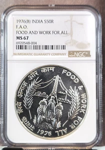 1976 INDIA SILVER 50 RUPEES FOOD AND WORK FOR ALL NGC MS 67 SCARCE GEM BU - Picture 1 of 3