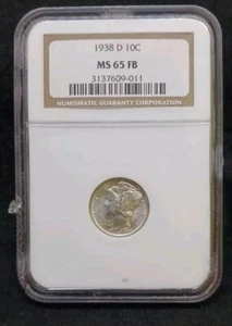 1938 D NGC MS65 FB MERCURY DIME COIN - Picture 1 of 3