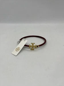 Tory Burch Women's Kira Enamel Hinged Bangle Bracelet Gold Tone Logo Dark Red - Picture 1 of 3