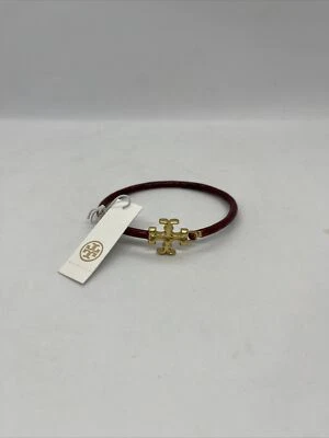 Tory Burch Women's Kira Enamel Hinged Bangle Bracelet Gold Tone Logo Dark Red - Image 1 of 3