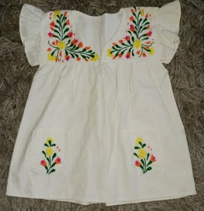 Nativa Handmade Mexican Colorful Embroidered Floral Ivory Dress Girls Sz 3/4 - Picture 1 of 2