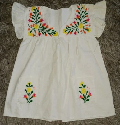 Nativa Handmade Mexican Colorful Embroidered Floral Ivory Dress Girls Sz 3/4  - Image 1 of 2