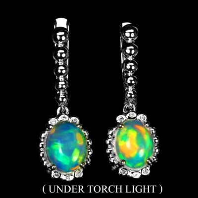 925 Orecchini Argento Sterling Ovale Opale di Fuoco 9x7mm Finto Cz - Immagine 1 di 4