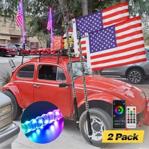 2X 3ft RGB Spiral LED Whip Lights Music Remote & Flag Car Antenna For Universal - Picture 1 of 12
