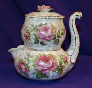 VINTAGE LEFTON PORCELAIN STACKING CREAMER & SUGAR SET W/ PINK DRESDEN ROSES - Picture 1 of 12