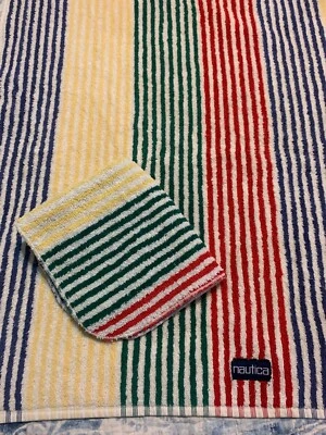 Nautica Pin Striped Bath Towel + Washcloth 100% Cotton Red Blue Yellow Green USA - Image 1 of 4