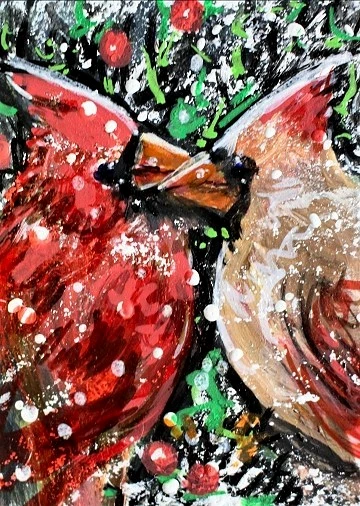 PINTURA ACEO ORIGINAL CARDENAL PAR PÁJARO invierno rojo nieve animal naturaleza ARTE Foto 1 de 1