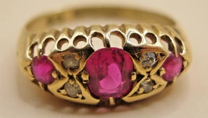 Antique Birmingham 1915 18k Gold Ruby & Diamond Gypsy Ring Size L1/2 - Picture 1 of 6