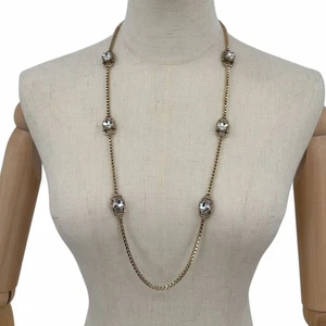 Ann Taylor Long Necklace Gold Tone Box Chain and Clear Rhinestone Statement - Picture 1 of 7