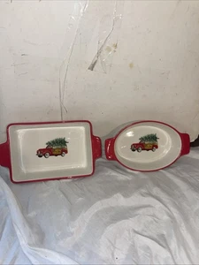 Grace Bake Shop Holiday Red Truck Christmas Tree Plaid Casserole Dish Set New - Picture 1 of 5