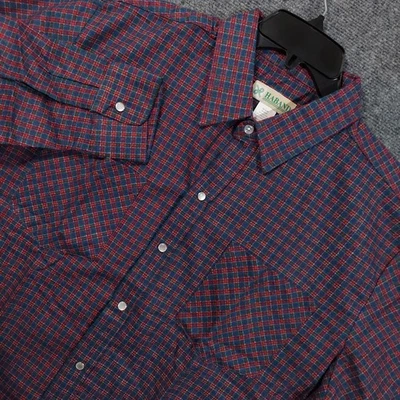 Haband Shirt Mens Large Tall Red Blue Plaid Pearl Snap Western Yoke Pockets - Image 1 of 4