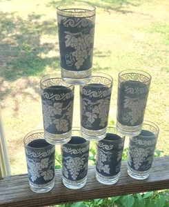 8 VTG Hazel Atlas White Flower Blue Jasperware Grapevine MCM 5" Glass Tumblers - Picture 1 of 3