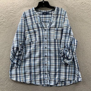 BASIC EDITIONS Shirt Womens 3X Button Up Blouse Top White Blue - Picture 1 of 8