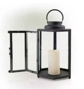 14 in. Tall Outdoor Hexagonal Battery-Operated Metal Lantern with LED Lights, Bl - Picture 1 of 9