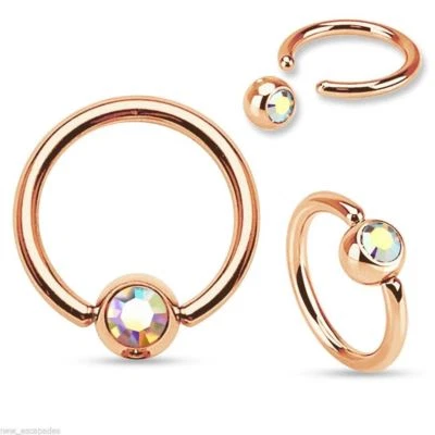 Captive Lip Ear Daith Ring 16 Gauge 3/8" Rose Gold IP Gem Aurora 3mm Ball - Image 1 of 4