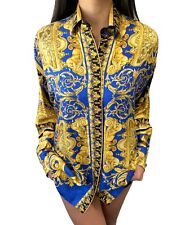 GIANNI VERSACE Vintage Medusa Silk Shirts #38 Top Logo Button Blue Gold RankAB