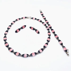 Vintage Rhodochrosite Black Onyx 925 Jewelry Set, Onyx Rhodochrosite Necklace - Picture 1 of 7