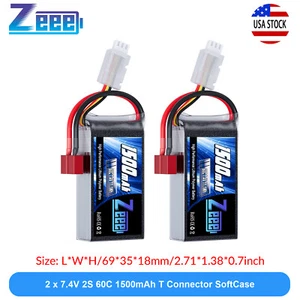 2x Zeee 2S Lipo Battery 1500mAh 7.4V 60C T Plug for RC Car FPV Drone Quad Heli - Picture 1 of 6