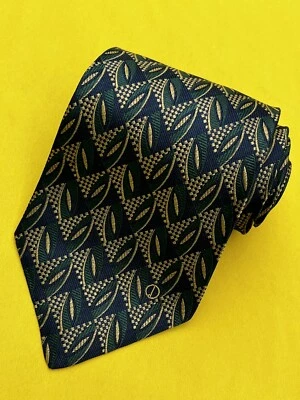 Authentic DUNHILL Striped Plaids Leaf Design On Navy Blue 100% Silk Necktie Tie Foto 1 de 4