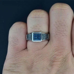 0.51 Ctw Blue Diamond 14K White Gold Plated Octagon Statement Pinky Men's Ring - Picture 1 of 9