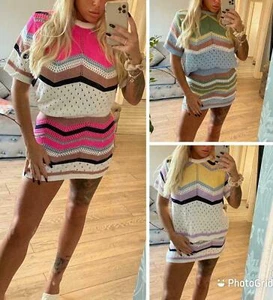 Conjunto de 2 piezas de punto multicolor en zig zag para mujer falda top de ganchillo Co Ord - Imagen 1 de 19